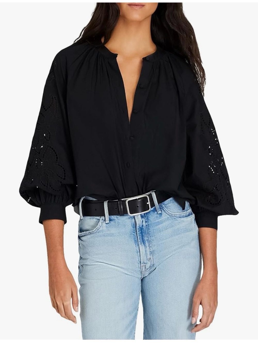Club Monaco Black Button-Front Eyelet Sleeve Blouse